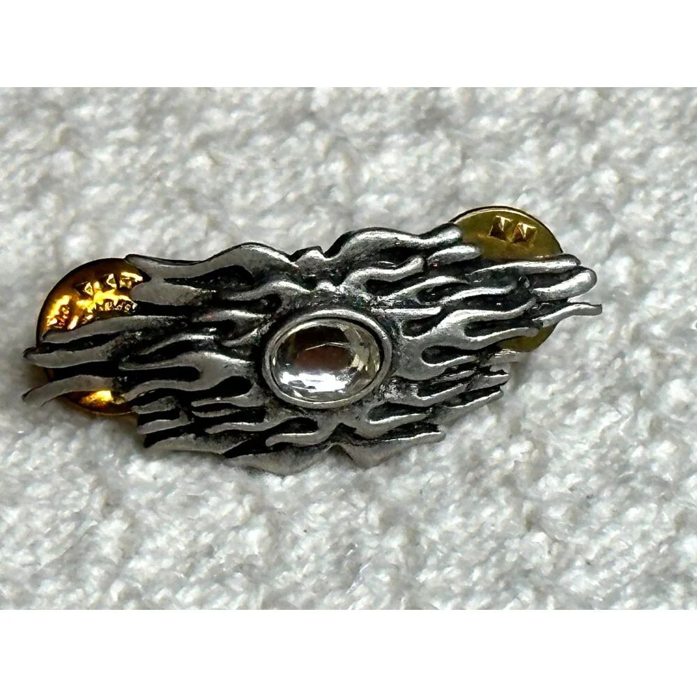 Flaming Sunburst Silver Tone Lapel Pin With Clear Gem Dual Clutches Motorcycle - Picture 1 of 6
